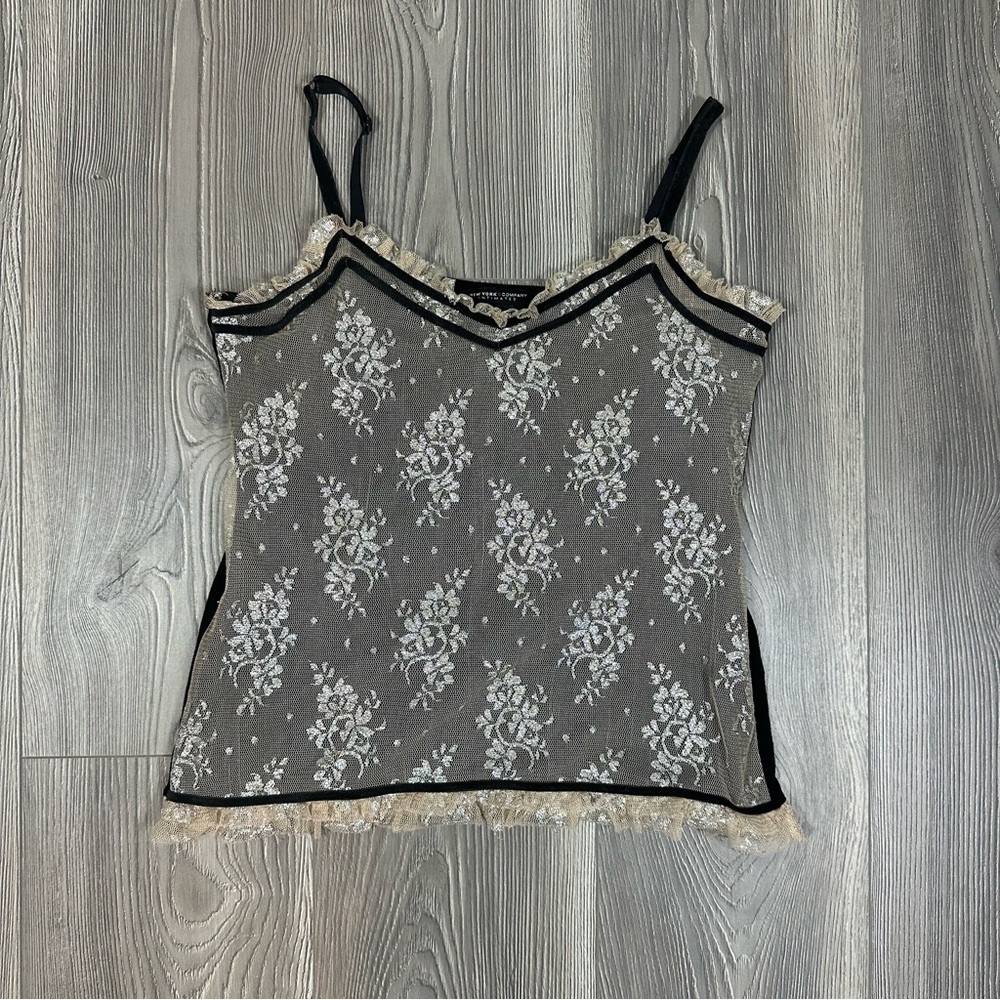 NY & Company Black Cami Metallic Lace Overlay Y2K Party Tank Top‎ Medium